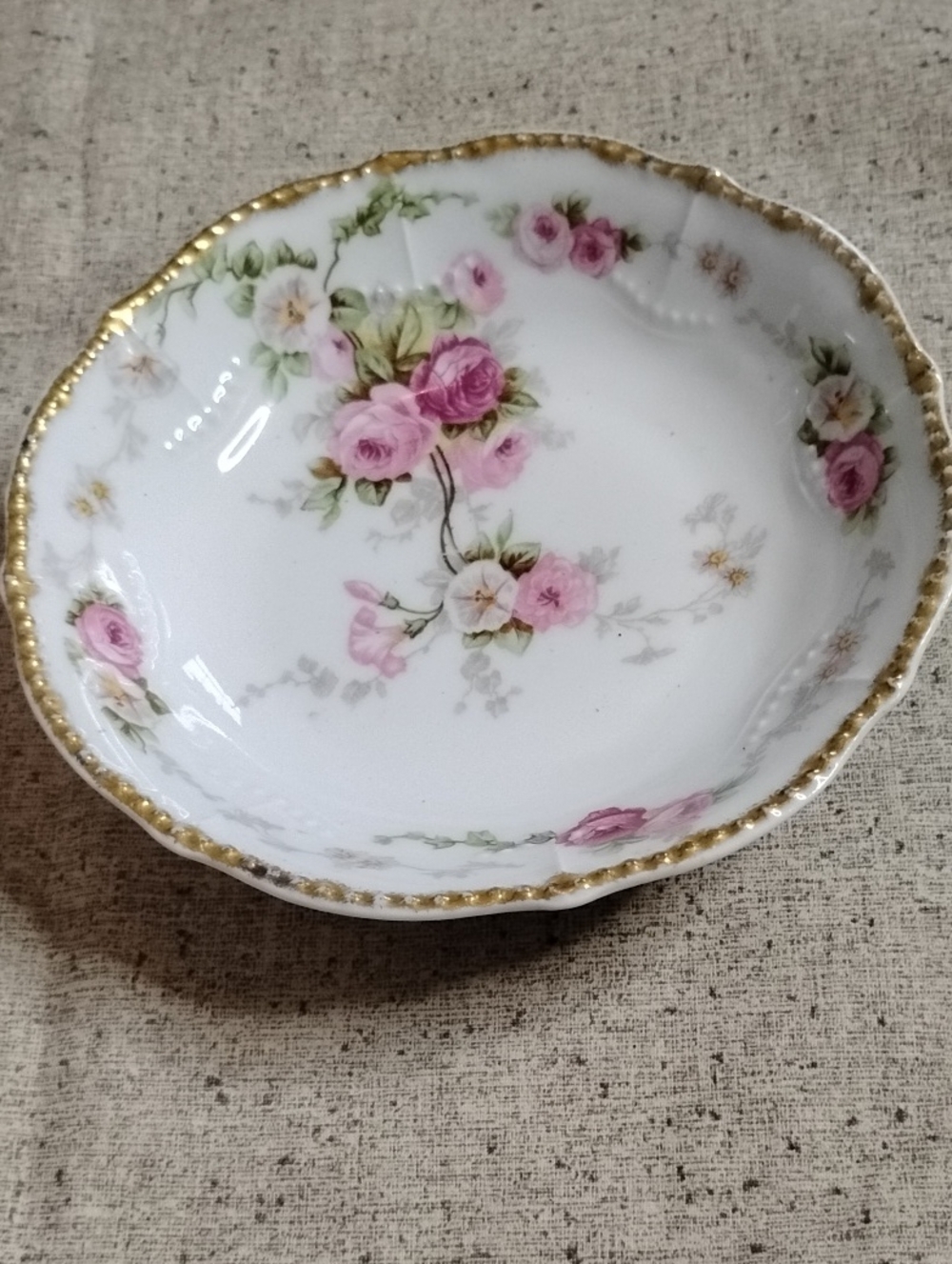 Elite Works France Porcelain Bowl with Pink Rose Pattern and Gold Trim